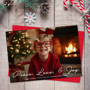Peace Love & Joy White Script 1 Photo Christmas Holiday Card