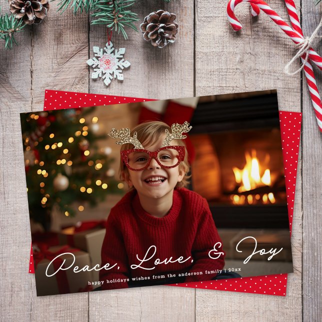 Peace Love & Joy White Script 1 Photo Christmas Holiday Card (Creator Uploaded)