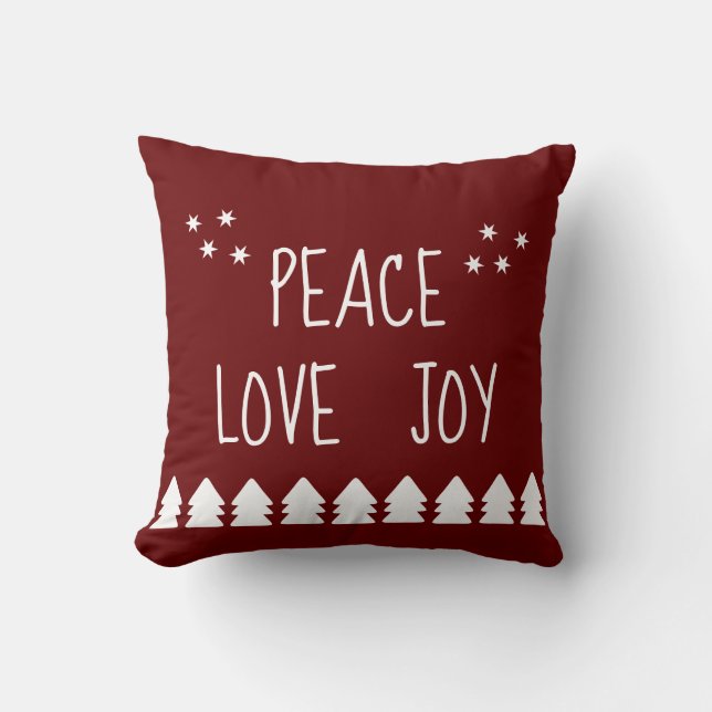 Peace Love Joy White Script Burgundy Holiday  Thro Cushion (Front)