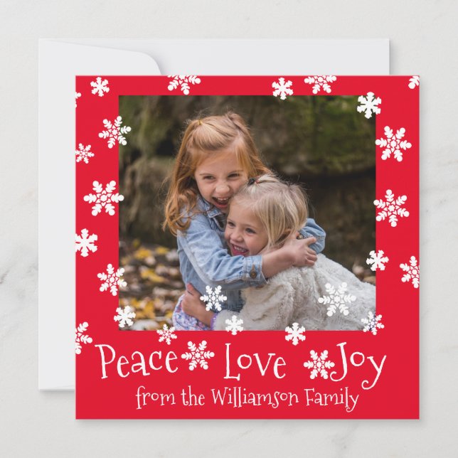 Peace Love Joy White Snowflake Holiday Card (Front)