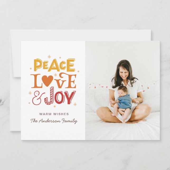 Peace Love Joy. Winter Christmas lettering photo Holiday Card (Front)
