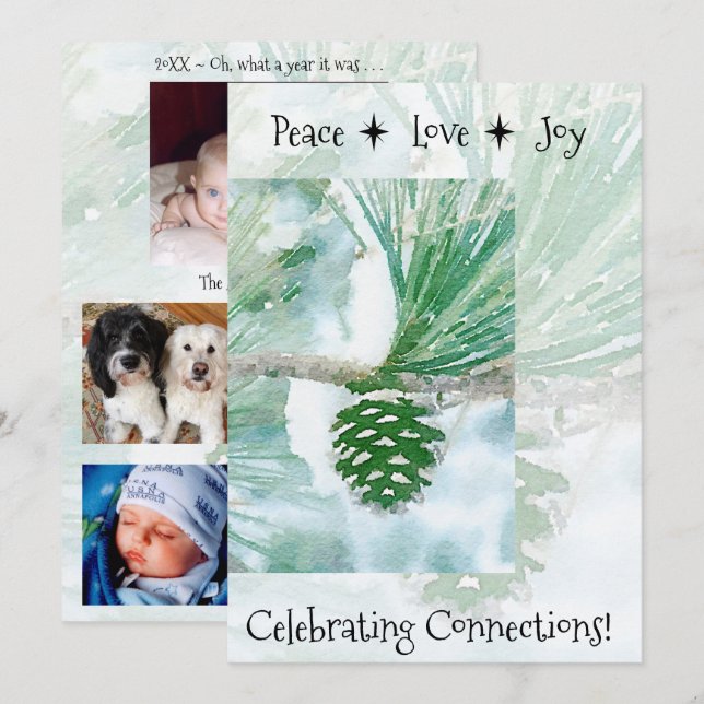 Peace Love Joy Winter Pine Cone Flat Photo Holiday Card (Front/Back)