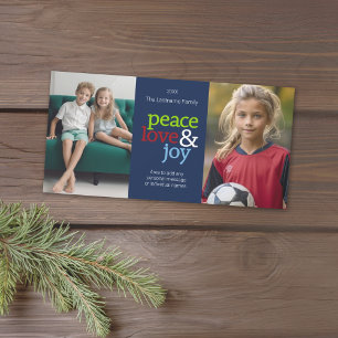 Peace Love & Joy with blue red and green Holiday Card