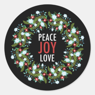Peace Love Joy Wreath on Black Background Classic Round Sticker