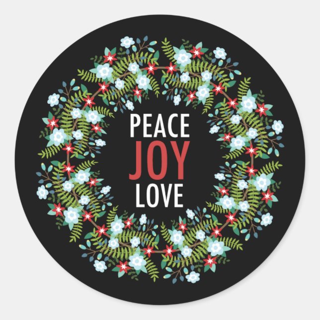 Peace Love Joy Wreath on Black Background Classic Round Sticker (Front)