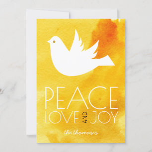 Peace love joy yellow watercolor & dove Christmas Holiday Card