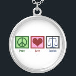 Peace Love Justice Silver Plated Necklace<br><div class="desc">A peace sign,  heart,  and the scales of justice. A beautiful gift for a lawyer or judge.</div>
