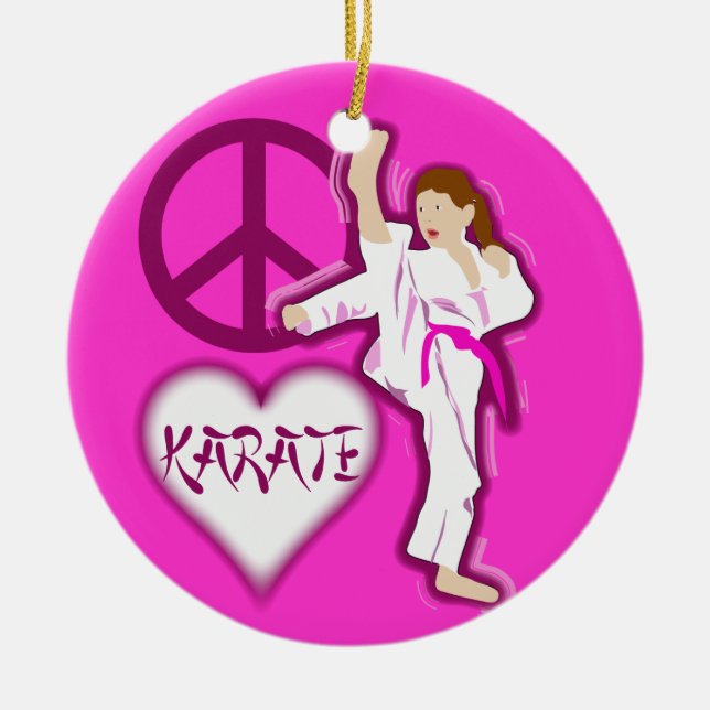 Peace Love Karate Girl Customise Personalised Ceramic Tree Decoration (Front)