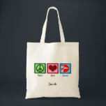 Peace Love Karate Kick Custom Tote Bag<br><div class="desc">Peace sign,  heart,  and a karate instructor performing a cool martial arts kick. Peace Love Karate gift personalized with a kid or adults name.</div>