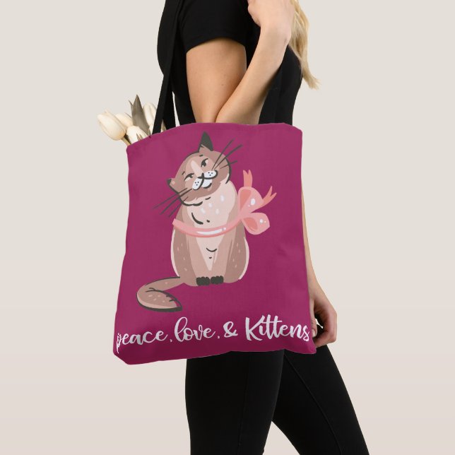 Peace, Love, Kittens Cute Rasberry Girls Cat Lover Tote Bag (Close Up)
