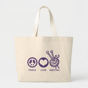 Peace Love Knitting Large Tote Bag