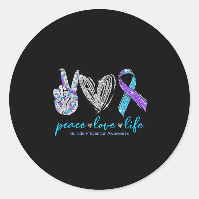 Peace Love Life Suicide Prevention Awareness Heart Classic Round Sticker (Front)