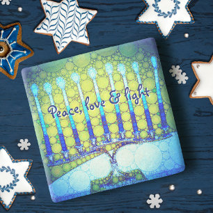 “Peace, Love & Light” Blue Hanukkah Menorah Ph Stone Coaster