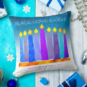 Peace Love Light Bold Hanukkah Candles Turquoise Cushion