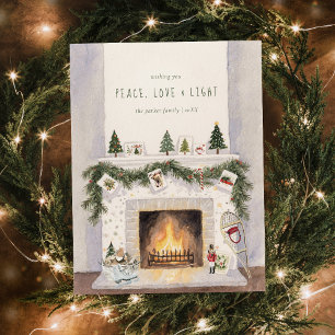 Peace, Love & Light   Christmas Fireplace Photo Holiday Postcard
