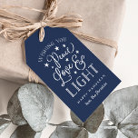 Peace, Love & Light | Hanukkah Gift Tags<br><div class="desc">Modern typography based Hanukkah gift tags feature "Peace,  Love and Light" in white hand lettered style typography accented with stars. Customise with a name and/or personalised Hanukkah greeting beneath. Blank on reverse side.</div>
