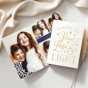 Peace, Love & Light Hanukkah Photo Collage Gold Foil Card