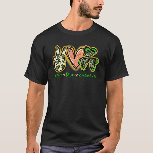 Peace Love Lucky St Patricks Day Shamrock Leopard  T-Shirt (Front)