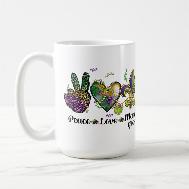 PEACE LOVE MARDI GRAS PURPLE GOLD GREEN COFFEE MUG (Left)