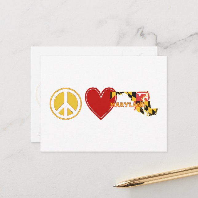 Peace Love Maryland Map Shaped State Flag Postcard (Front/Back In Situ)