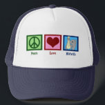 Peace Love Midwife Trucker Hat<br><div class="desc">A peace sign,  heart,  and a picture of a cute elephant carrying a baby symbolising midwives.</div>