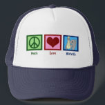 Peace Love Midwife Trucker Hat<br><div class="desc">A peace sign,  heart,  and a picture of a cute elephant carrying a baby symbolising midwives.</div>