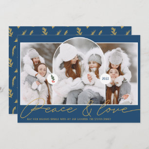 Peace love modern arch 3 photos blue gold holiday card