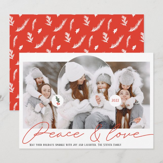 Peace love modern arch 3 photos red script holiday card (Front/Back)