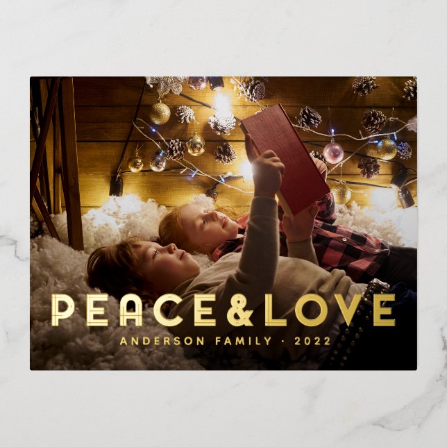 Peace & Love Modern Simple Typography Foil Holiday Postcard (Front)