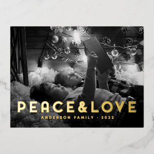 Peace & Love Modern Simple Typography Foil Holiday Postcard