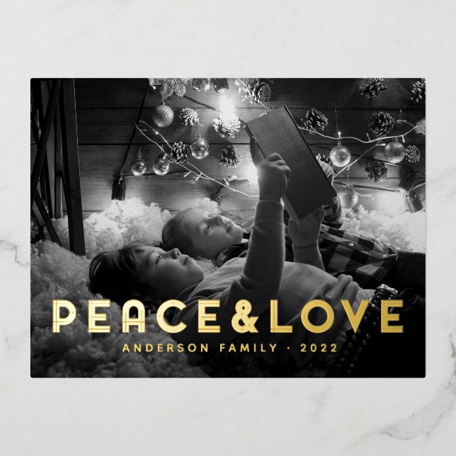Peace & Love Modern Simple Typography Foil Holiday Postcard (Front)