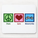 Peace Love Motorcycles Mouse Mat<br><div class="desc">A peace sign,  heart,  and a motorcycle.</div>