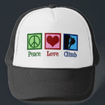 Peace Love Mountain Climbing Trucker Hat<br><div class="desc">Peace Love Climb written under a green peace sign,  a red heart,  and a rock climber climbing a mountain. A great gift for an athlete into extreme sports.</div>