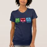 Peace Love Museums T-Shirt<br><div class="desc">Peace Love Museums. A cute museum gift for an archivist, collections manager, registrar, conservator, or curator of art or artifacts in an institution. A cool peace sign, heart, and museum building.</div>