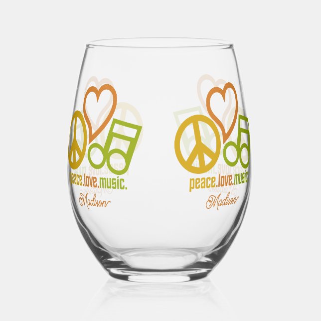 Peace Love Music custom name Stemless Wine Glass (Front)
