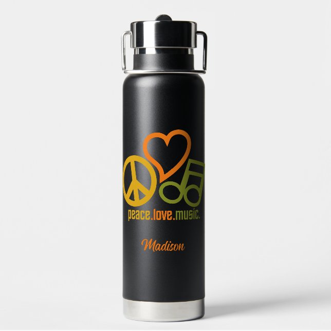 Peace Love Music custom name Water Bottle (Back)