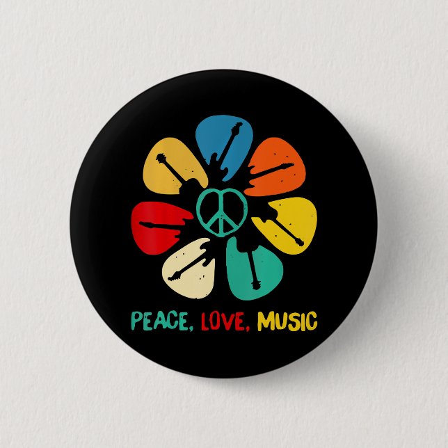 Peace Love Music Guitar Flower Rock And Roll 6 Cm Round Badge (Front)