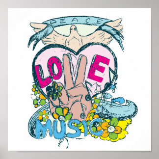 peace love music retro hippie vector art poster