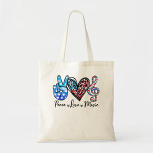 Peace Love Music US Flag 4th Of July Music Teacher Tote Bag