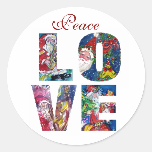 PEACE - LOVE MUSICAL  SANTA XMAS PARTY CLASSIC ROU ROUND STICKER (Front)