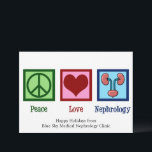 Peace Love Nephrology Christmas Nephrologist Holiday Card<br><div class="desc">A beautiful nephrologist holiday card for a kidney specialist. Peace Love Nephrology Christmas cards for your favourite doctor or nurse in that medical department featuring a peace sign,  heart,  and a drawing of pink kidneys.</div>