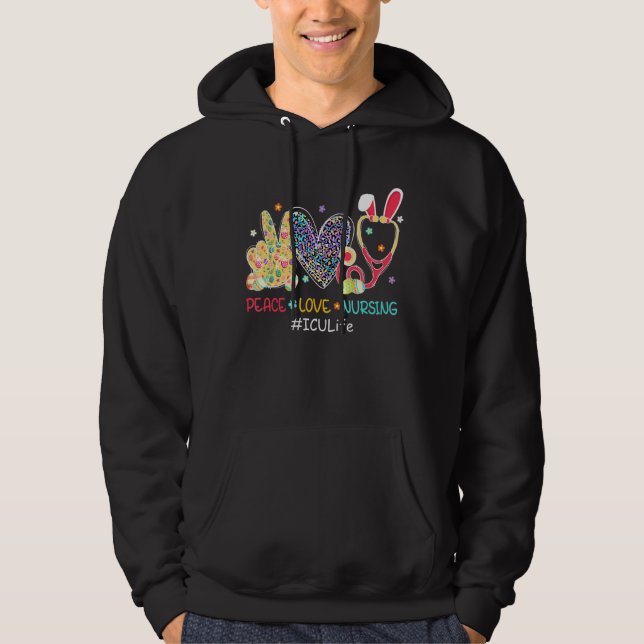 Peace Love Nursing Icu Nurse Bunny Leopard Easter  Hoodie (Front)