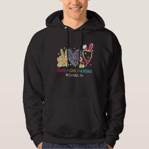 Peace Love Nursing Scrub Life Nurse Bunny Leopard Hoodie