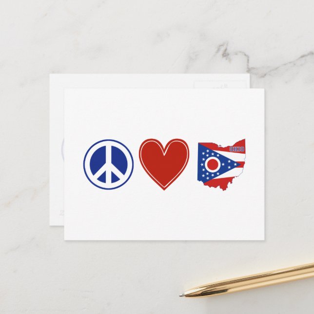 Peace Love Ohio Shaped State Flag Buckeye Heart Postcard (Front/Back In Situ)