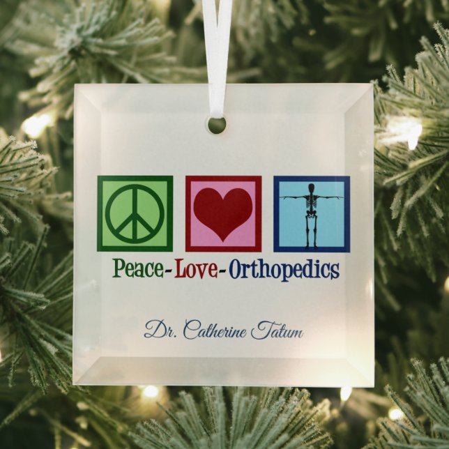 Peace Love Orthopaedics Personalised Christmas Glass Tree Decoration (Insitu)