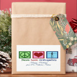 Peace Love Orthopaedics Personalised Christmas Rectangular Sticker<br><div class="desc">Peace Love Orthopaedics Christmas gift stickers. A cute custom sticker for an orthopaedic surgeon or orthopaedist who works with the musculoskeletal system and patients who need shoulder and hip surgery. A peace sign,  heart,  and a skeleton.</div>