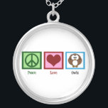 Peace Love Owls Silver Plated Necklace<br><div class="desc">A peace sign,  heart,  and a cute owl. A pretty gift for someone who likes beautiful birds.</div>