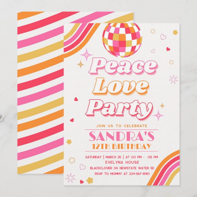 Peace Love Party Birthday Invitation (Front/Back)