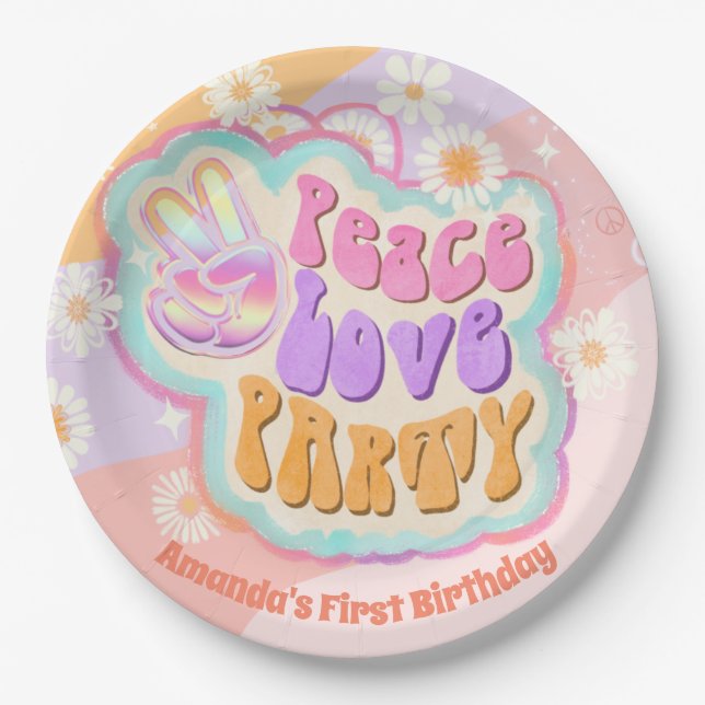 peace love party classic round sticker paper plate (Front)