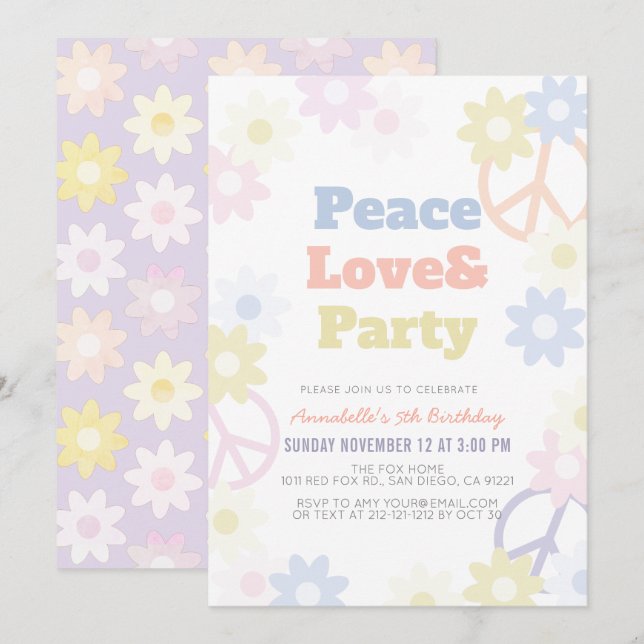 Peace Love & Party Girl Birthday Invitation (Front/Back)